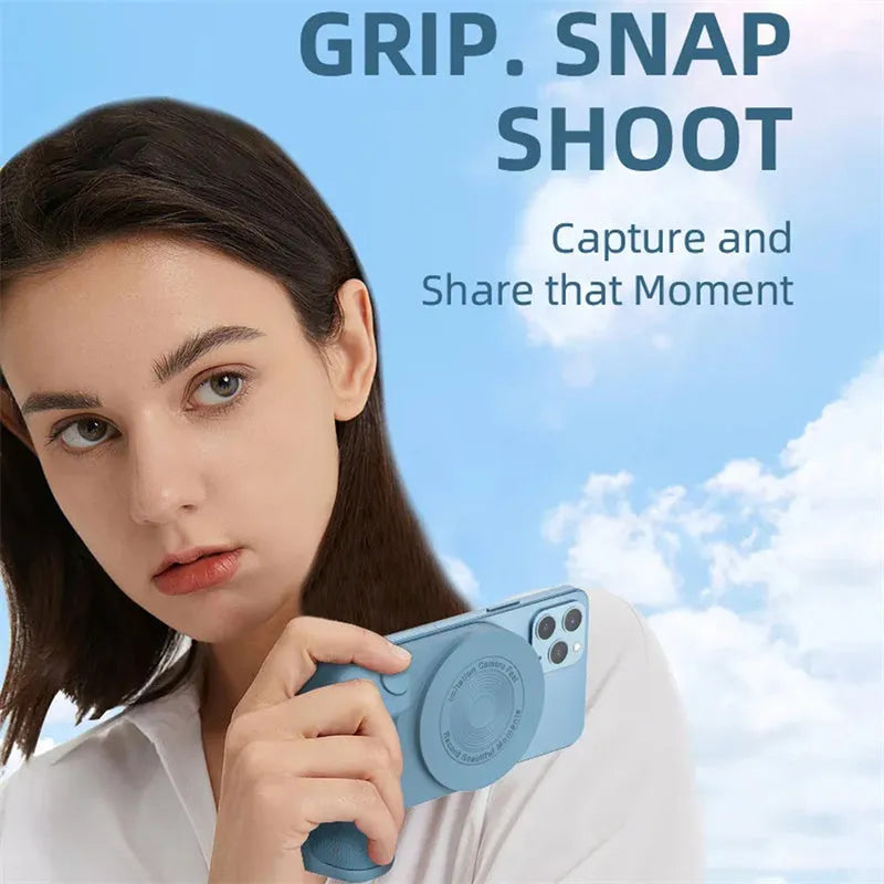 Black multifunctional magnetic phone camera holder with ergonomic PU leather grip on a table.