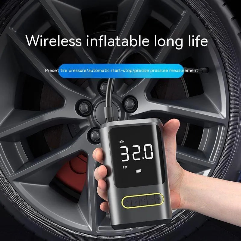 Handheld digital display car tyre inflator pump with LED screen, black ABS body, and air hose.