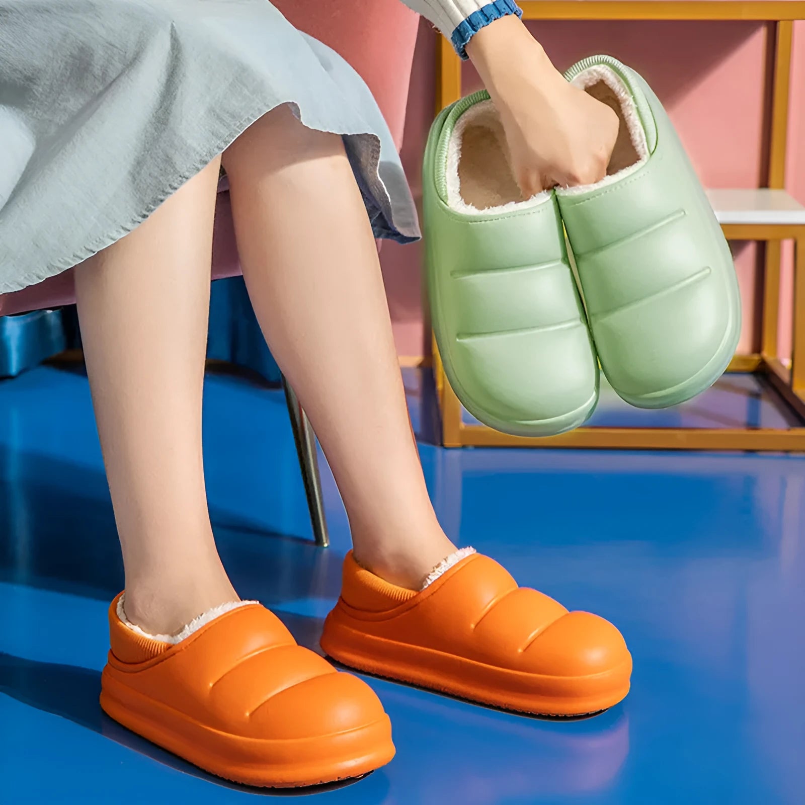 Waterproof EVA couple slippers in various colours showing hollow design and flat non-slip sole.