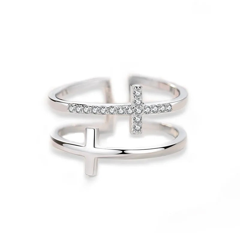 Women's adjustable copper ring with geometric double cross design and zircon stone inlay in silver setting