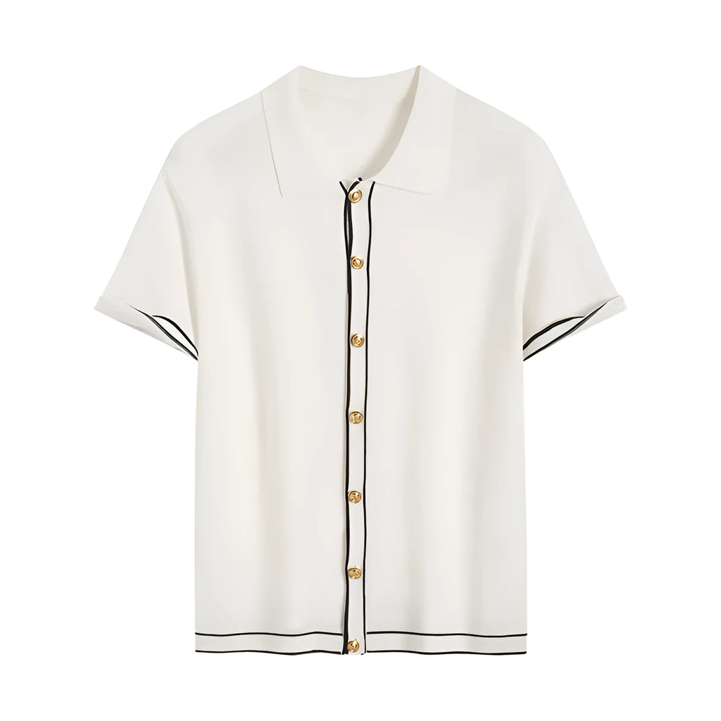 White short-sleeve cardigan with dark contrast lapels, laid flat.