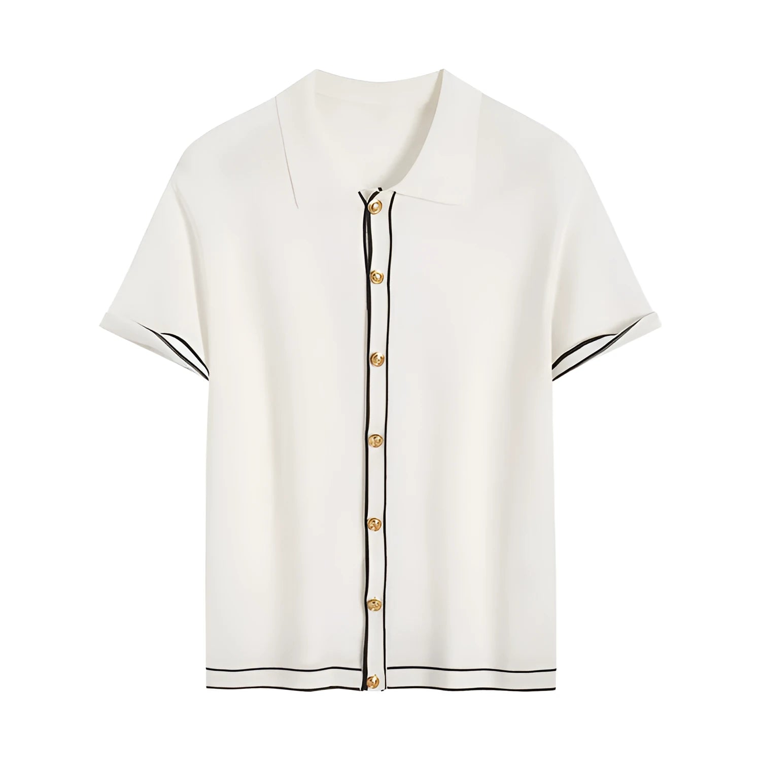 White short-sleeve cardigan with dark contrast lapels, laid flat.