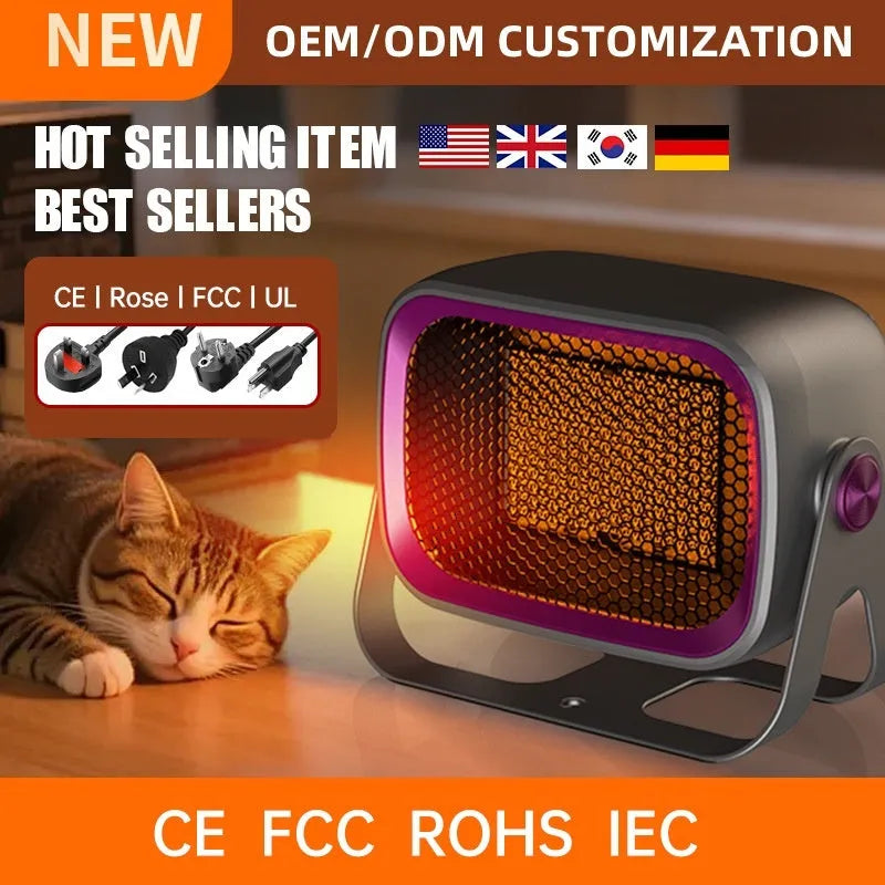 Compact white desktop ceramic heater with control buttons and rotatable base.