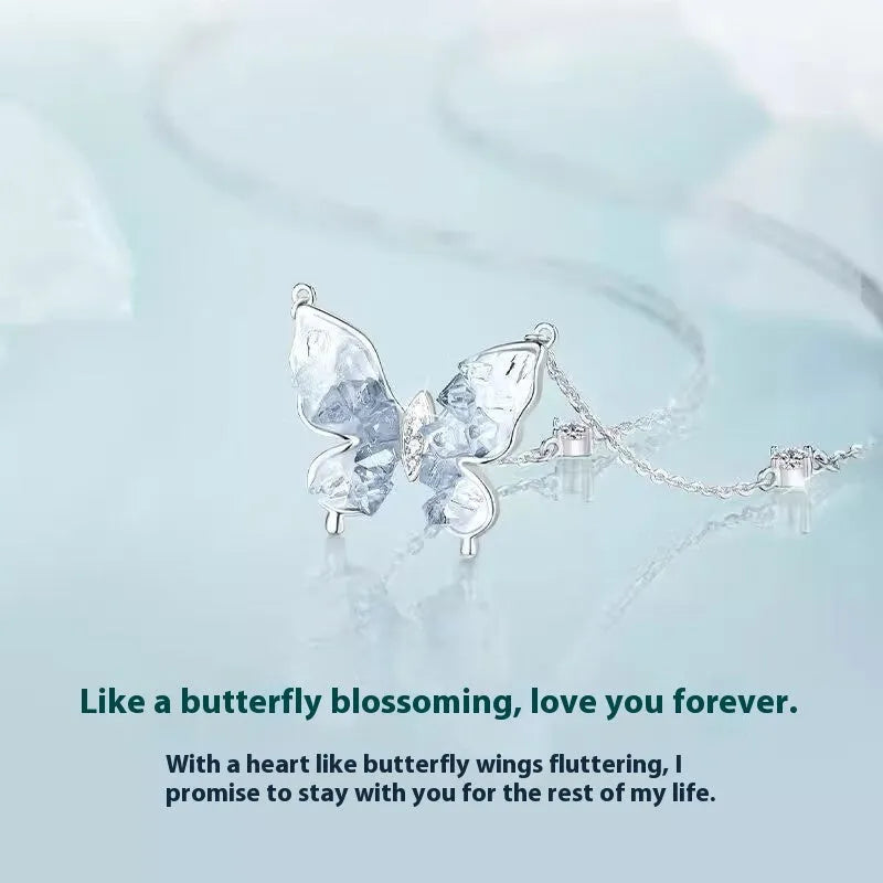 925 silver butterfly clavicle chain necklace with adjustable 41-50cm chain and ice rain pendant design