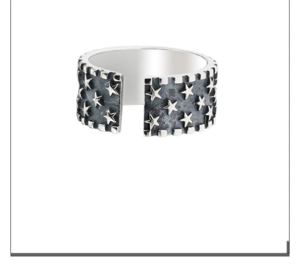 Adjustable pure silver ring with a geometric multi five-pointed star design on a silver band