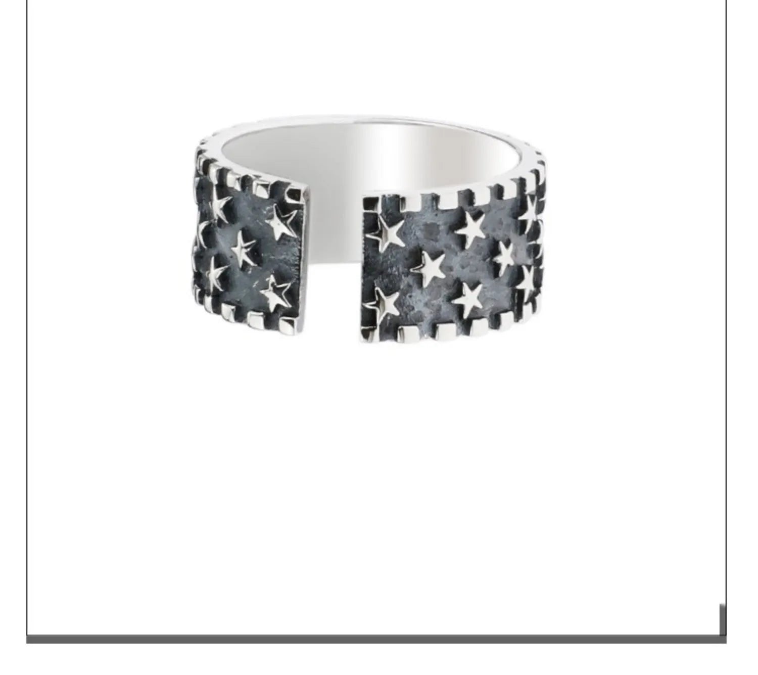 Adjustable pure silver ring with a geometric multi five-pointed star design on a silver band