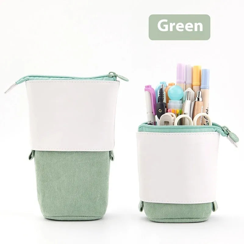 Korean-style telescopic drop-down stationery case in purple PU corduroy fabric.