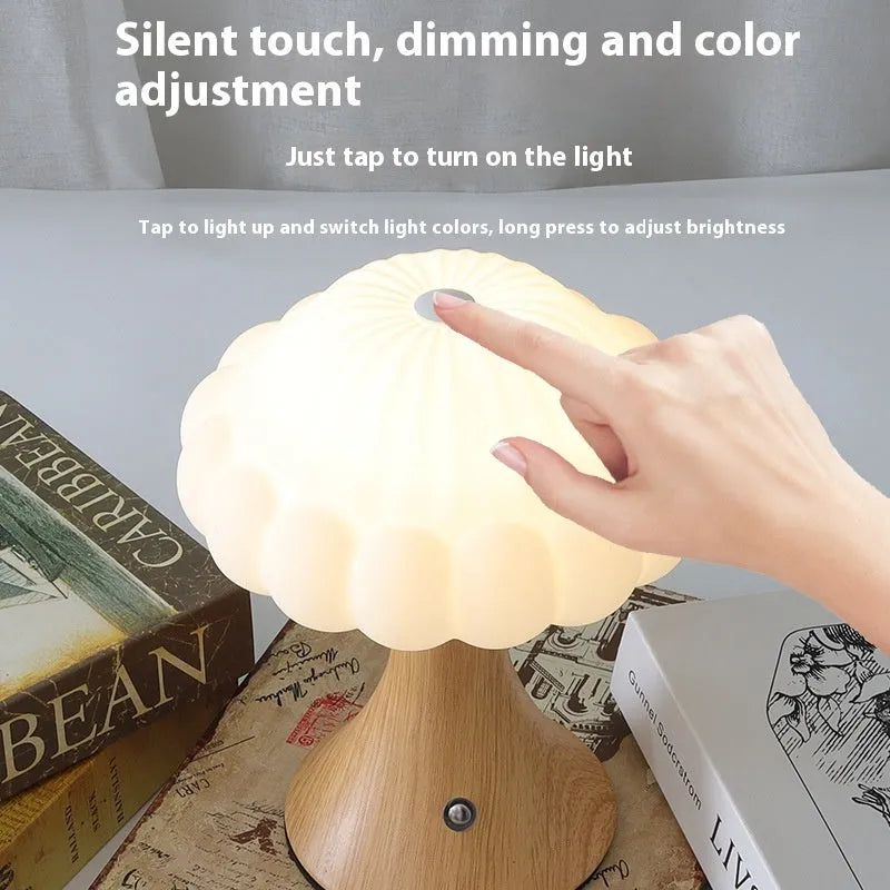 Mushroom shaped touch control night lamp with USB charging in wood grain colour