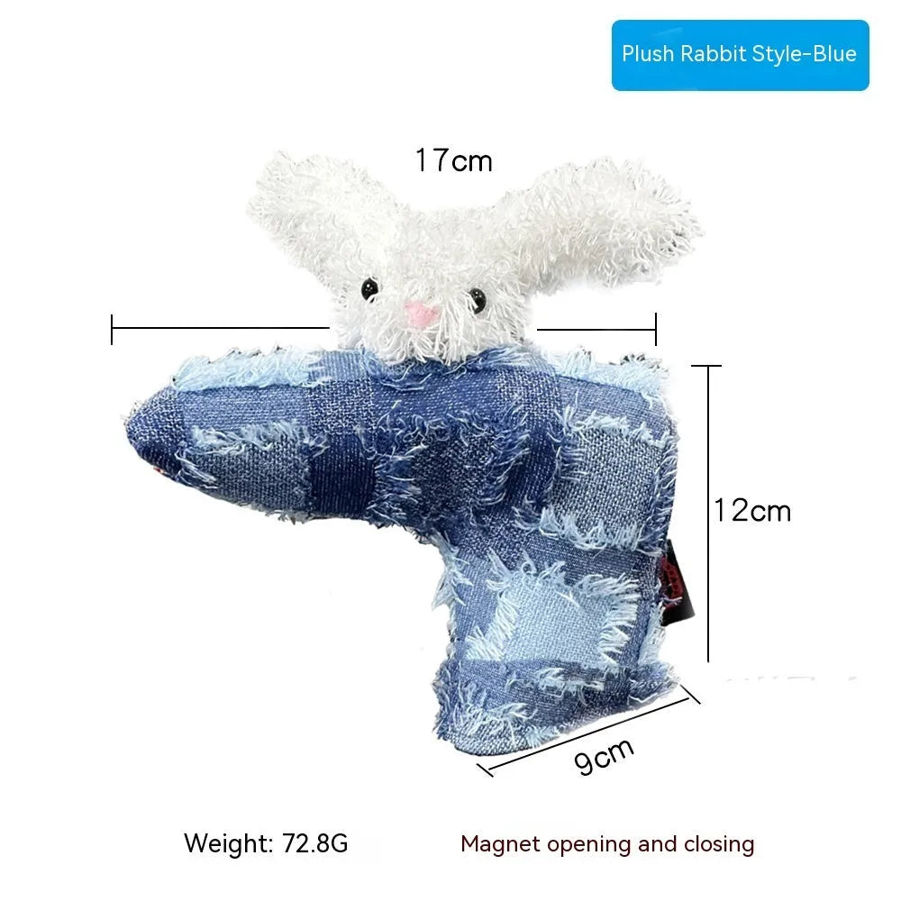 Golf putter headcover sleeve in a novelty design, showing PU fabric and fleece lining.