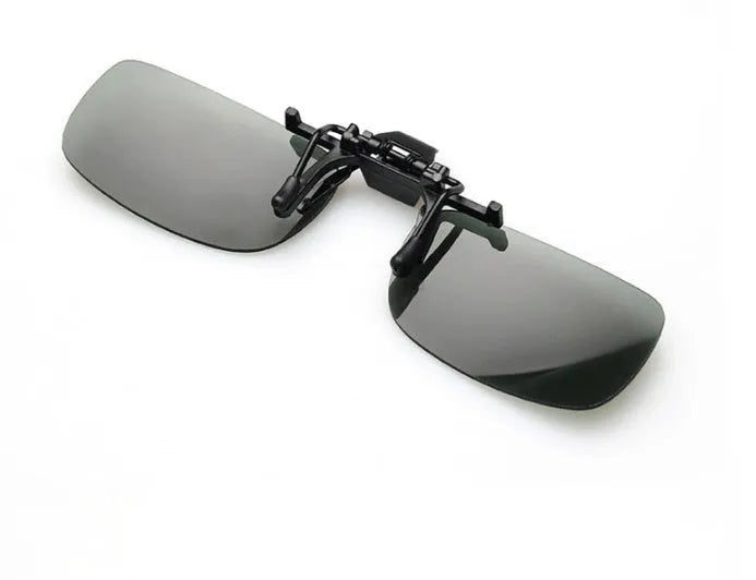 Plastic clip-on sunglasses attachment with interchangeable PC sheets for spectacle wearers.