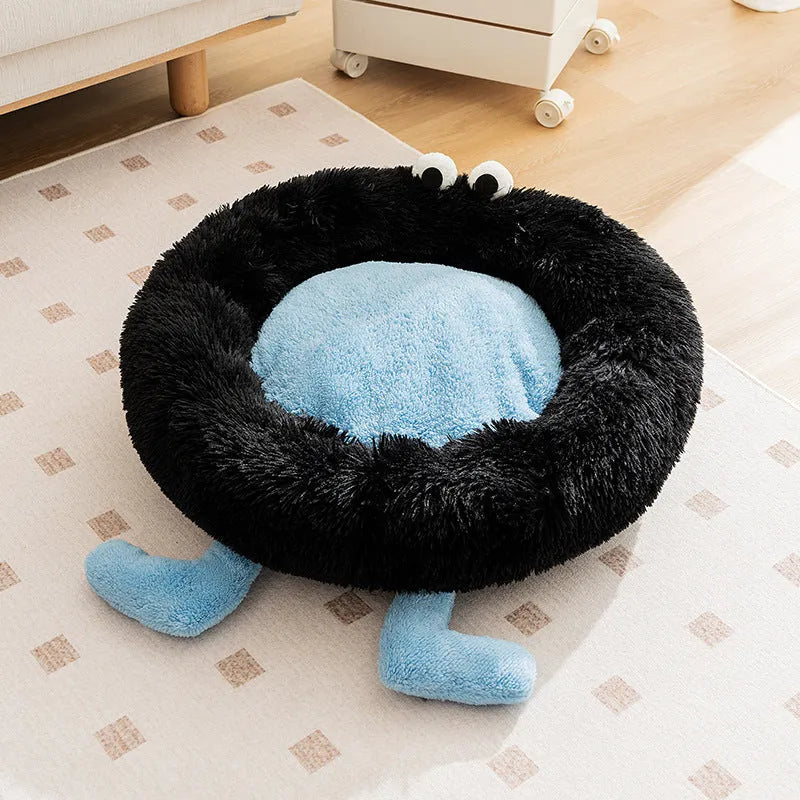 Elf Briquettes plush pet sleeping mat with raised edges in blue, pink or yellow colours