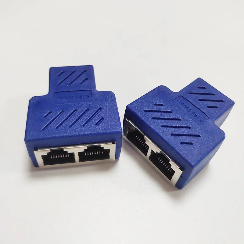 White RJ45 network cable splitter with one male and two female connectors