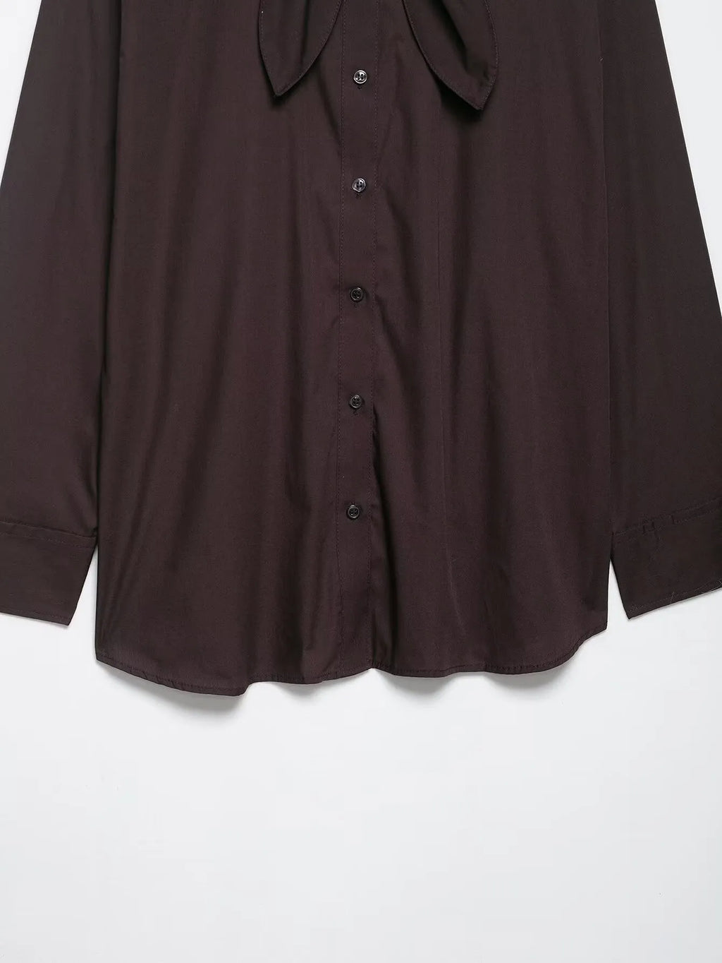 Brown loose-fit women's poplin shirt with long sleeves and a matching bow tie scarf, shown in a cardigan style.