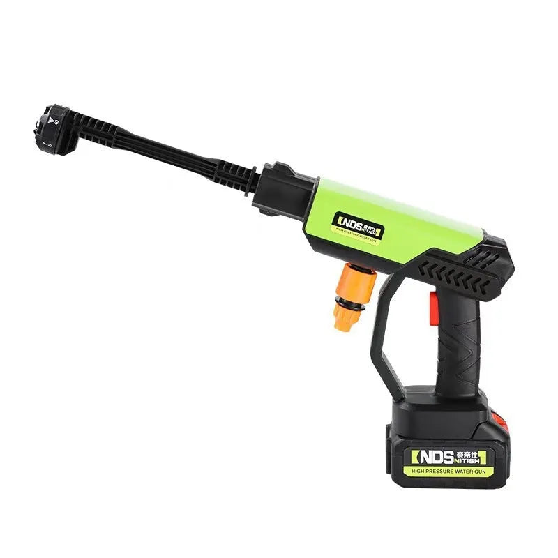 Green wireless high-pressure water gun with multiple attachments including extension rods and six-nozzle head