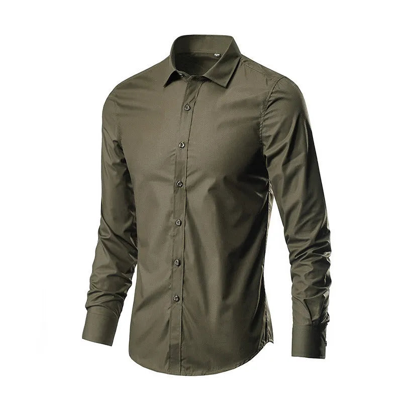 Men's loose-fit long-sleeve linen shirt in black, shown on a model.