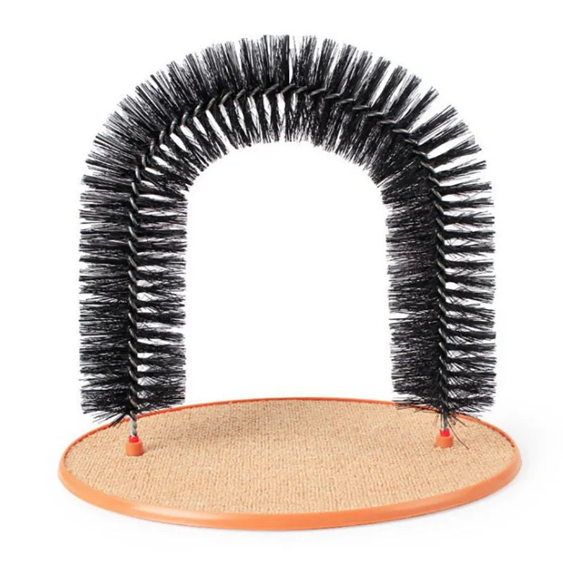 Arched cat grooming station with integrated brush bristles for scratching and self-grooming