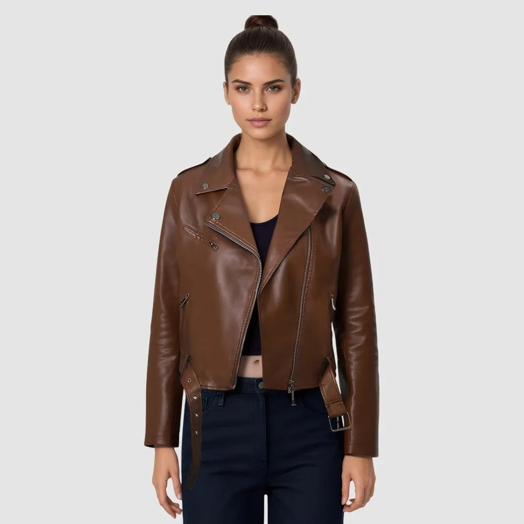 Women's red PU leather short jacket with a lapel collar and waist belt fastened.