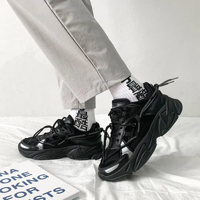 Men's white platform dad shoes with lace-up front and breathable mesh lining, Korean style.