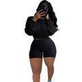 Women's off-the-shoulder long sleeve top and shorts two-piece set in a solid colour.