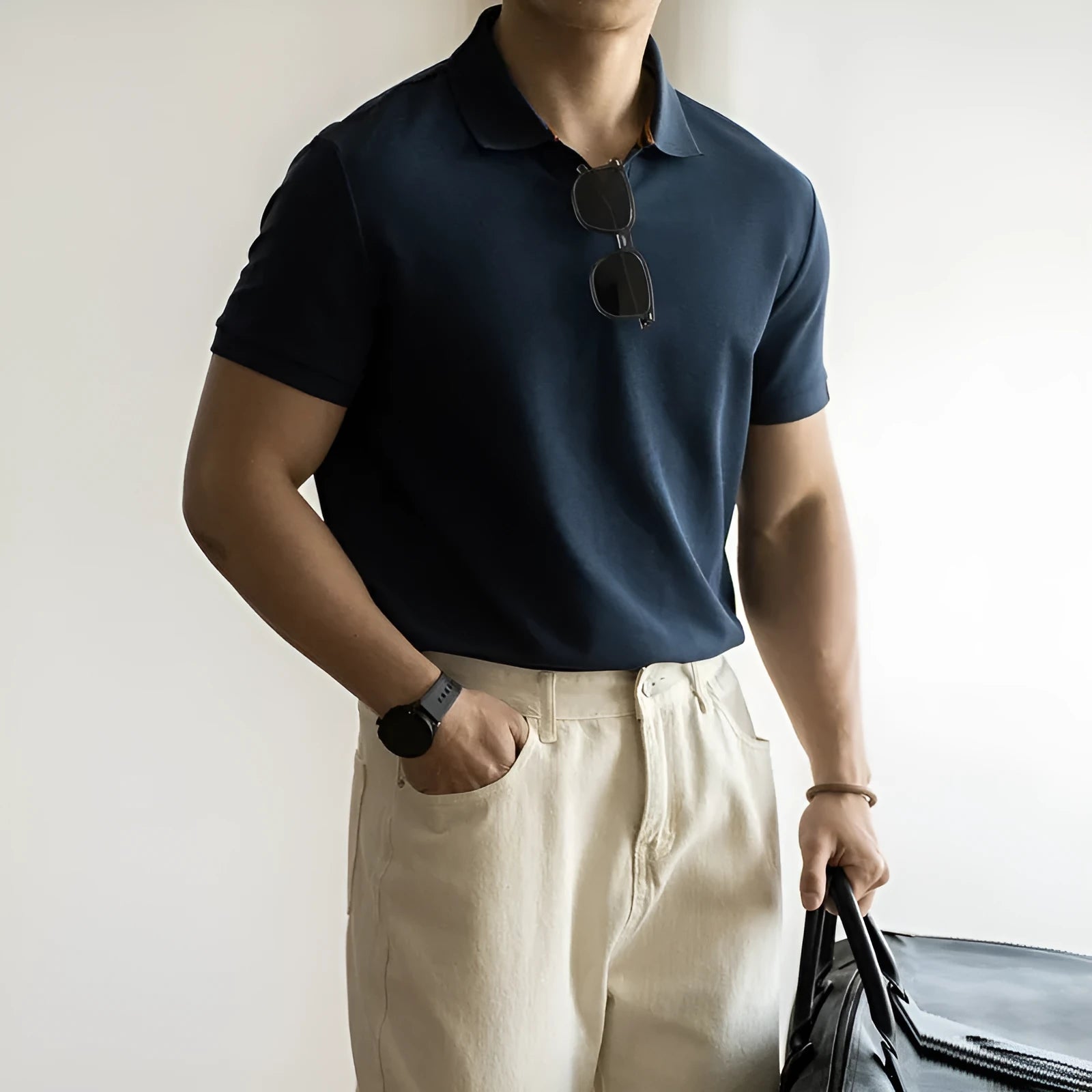 American-style cotton blend short-sleeved polo shirt in blue on a hanger