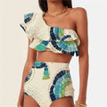 White women's one-shoulder swimsuit with double-layer lotus leaf detailing and split bikini style