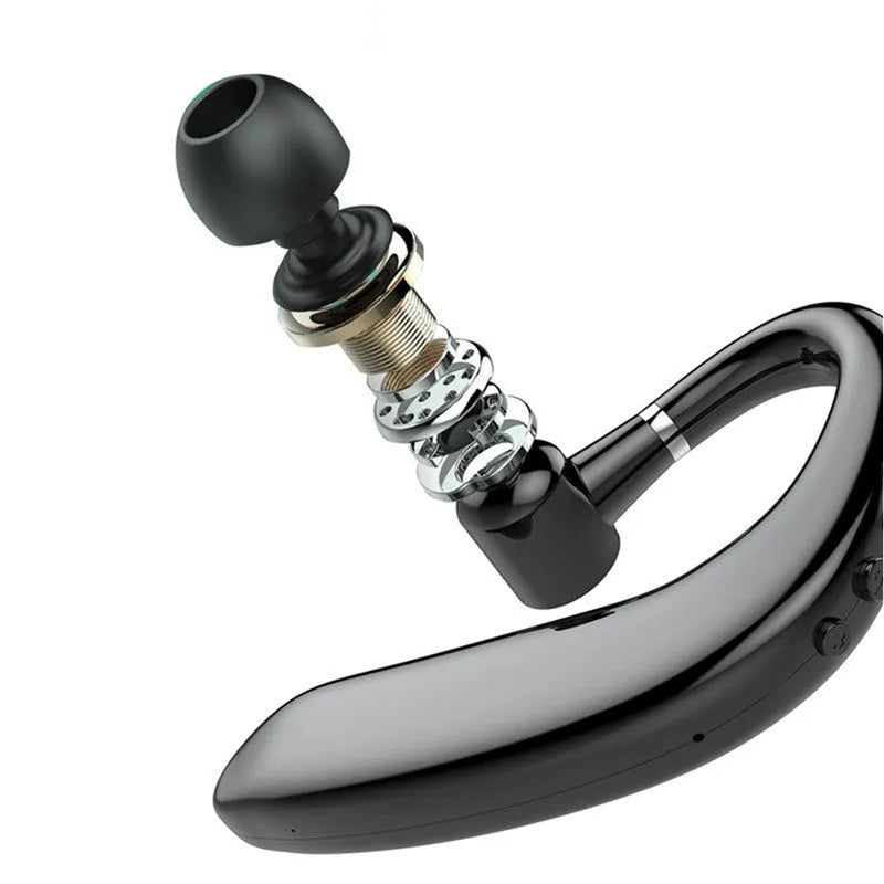 Black and blue unilateral wireless Bluetooth in-ear headset with rotatable earpiece.