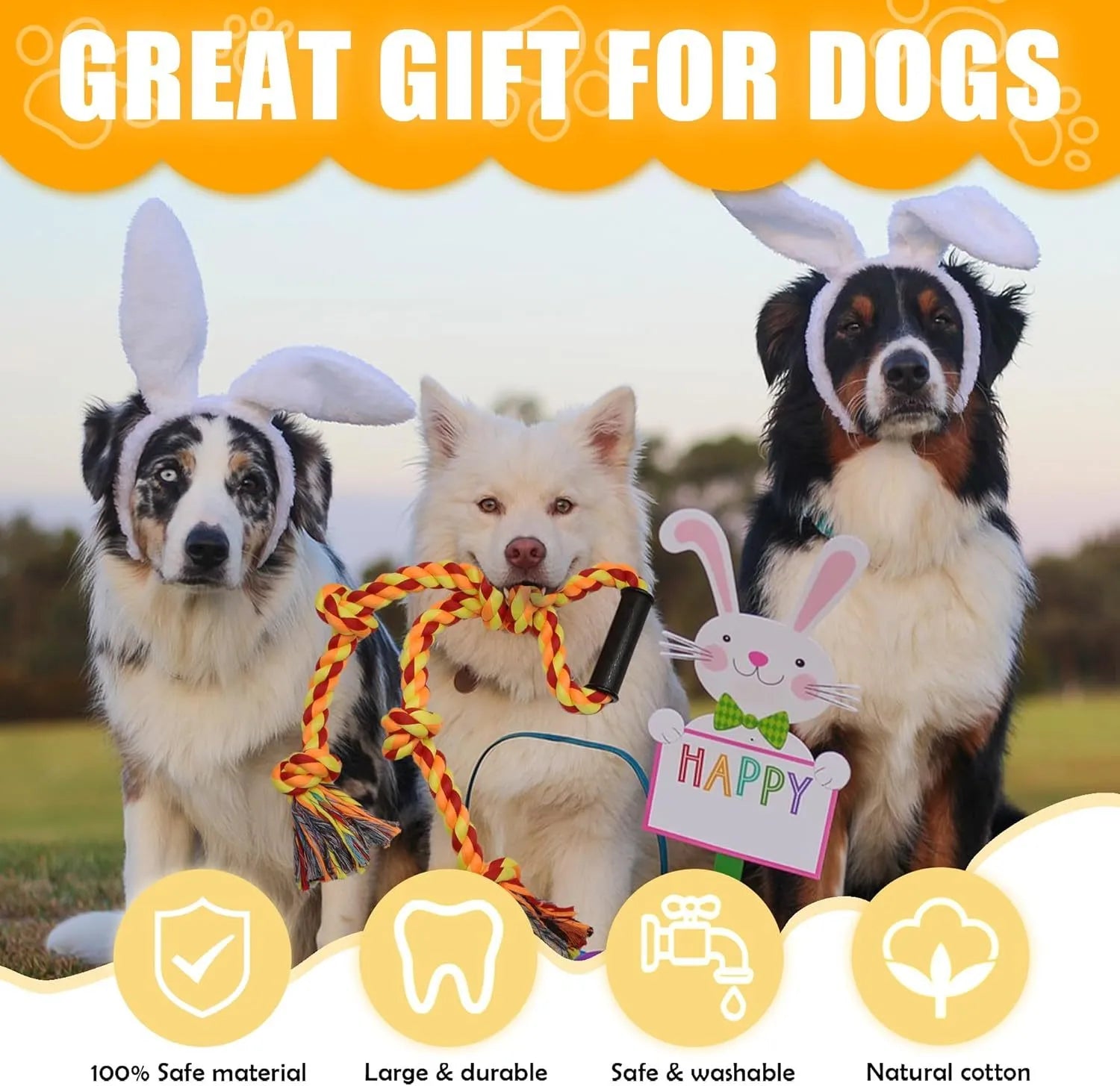 Blue and yellow cotton rope dog toy with ergonomic handles for tug-of-war games