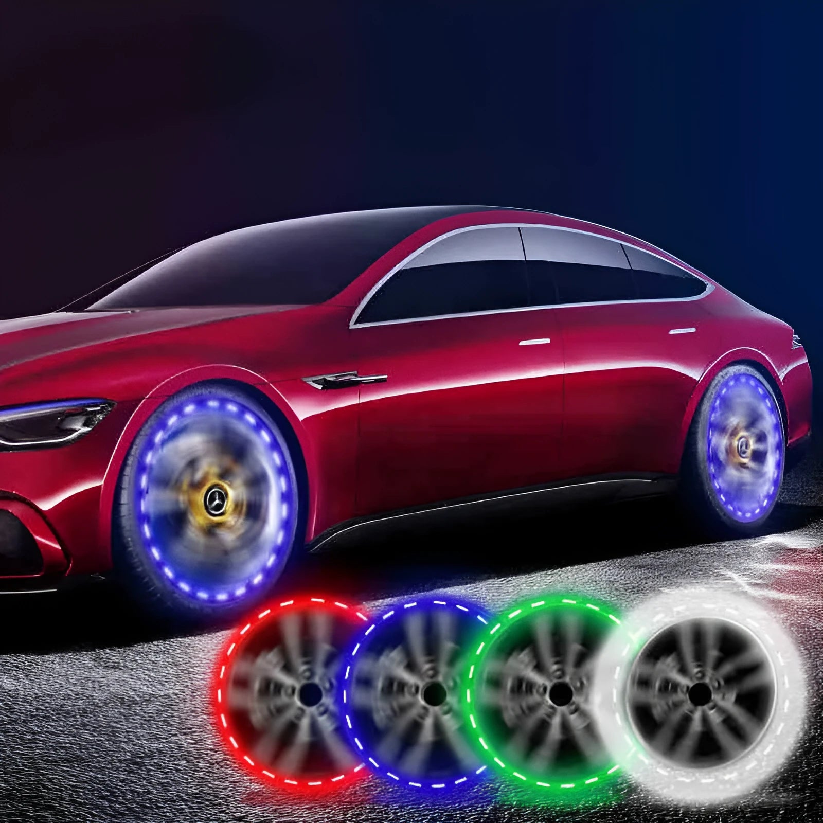 Colourful solar-powered LED hub decorative light for vehicle wheels with PVC housing