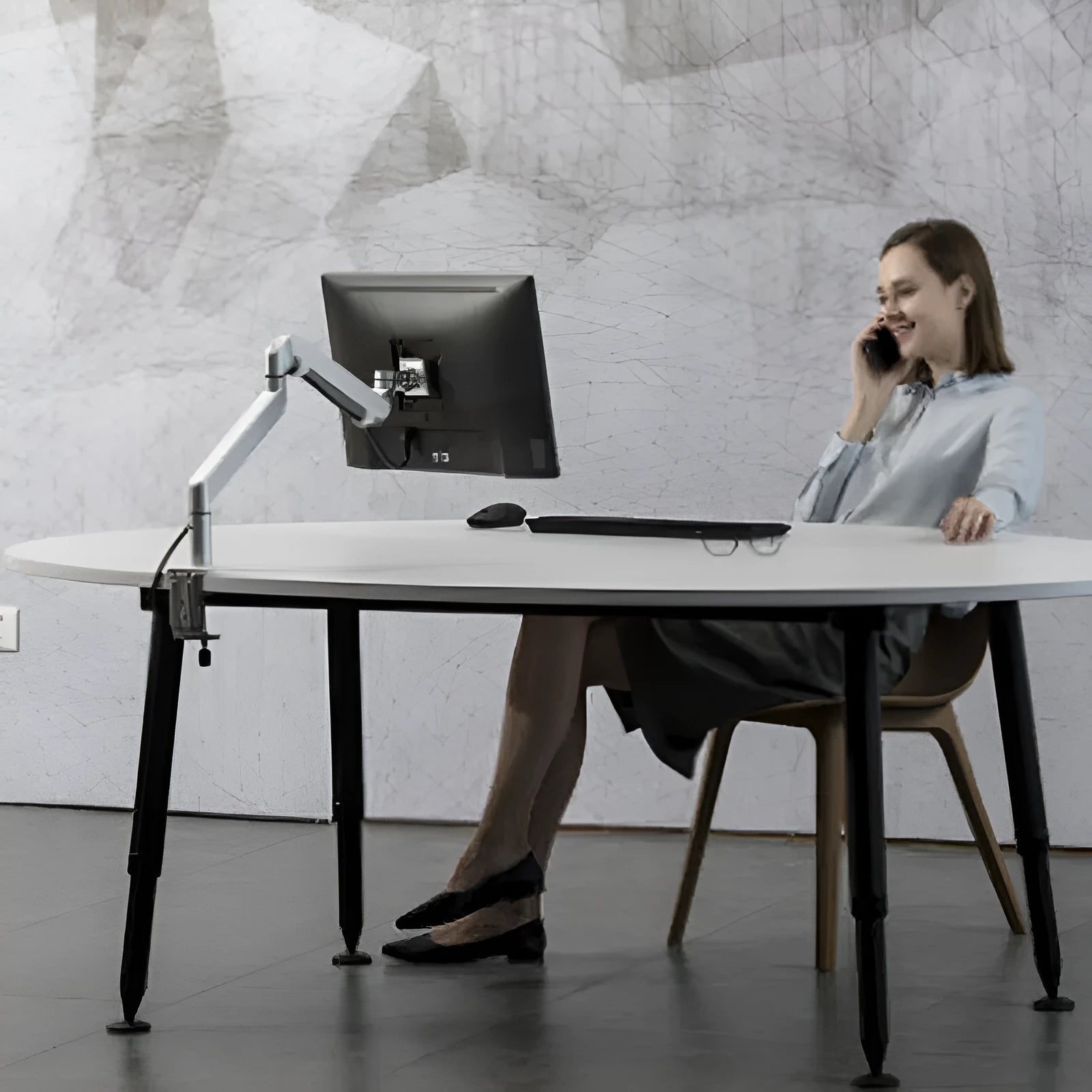 Silver aluminium VESA laptop mounting bracket with adjustable air pressure arm mechanism