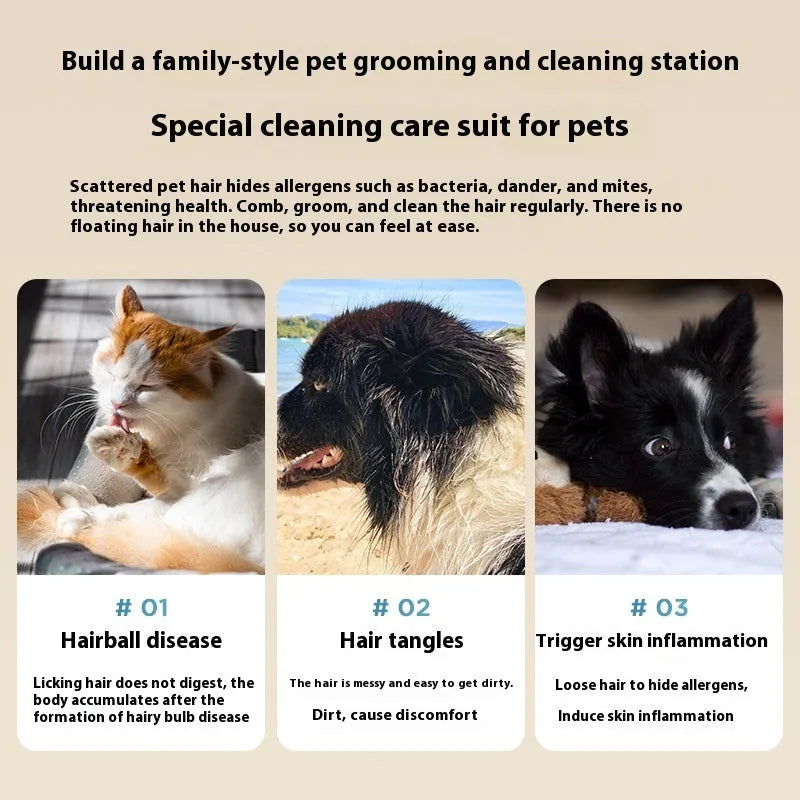 Pink and white multifunctional pet grooming vacuum cleaner with shears, hose, and dust cup.