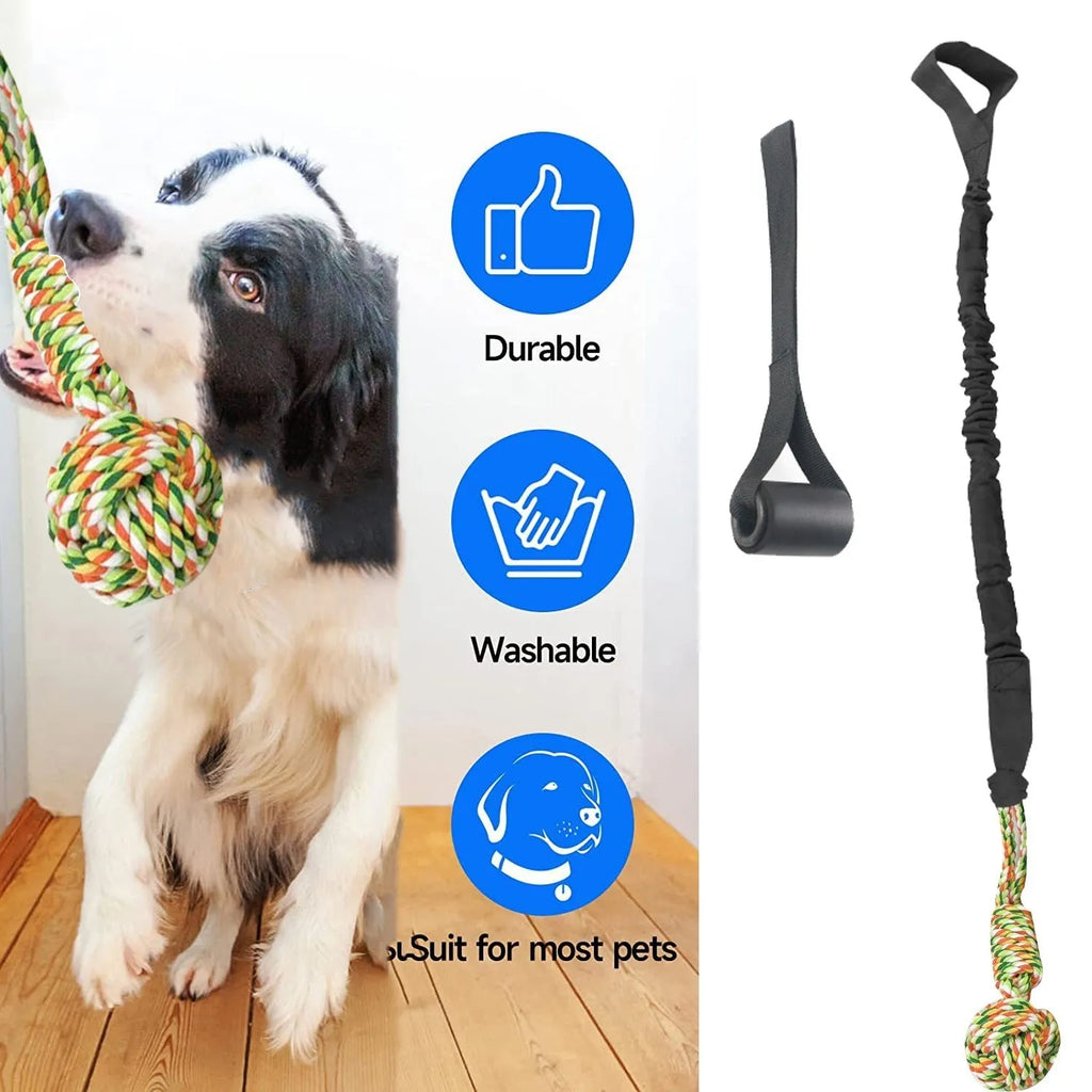 Cotton dog tug of war rope toy in black, grey, or red colours for interactive play and dental grinding