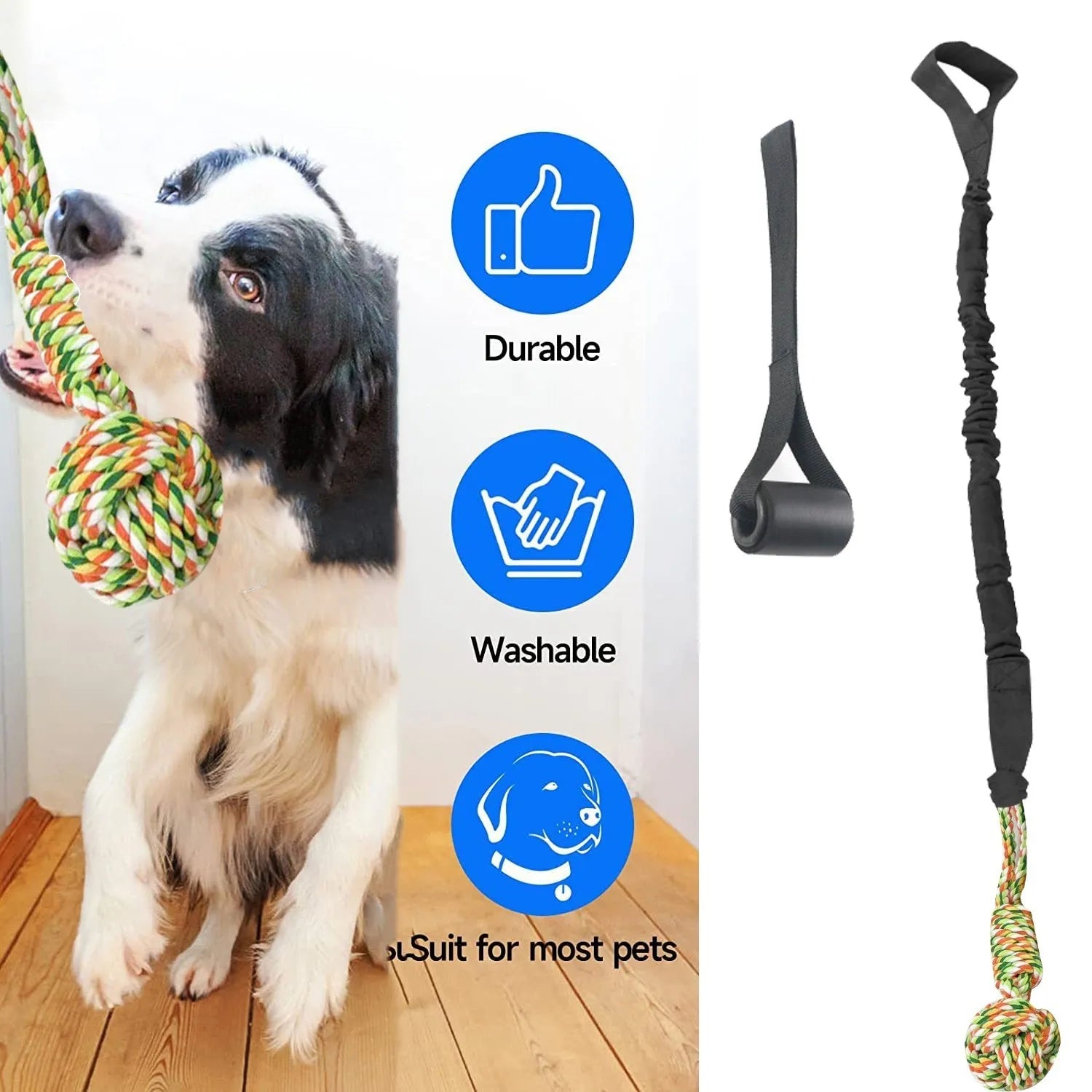 Cotton dog tug of war rope toy in black, grey, or red colours for interactive play and dental grinding