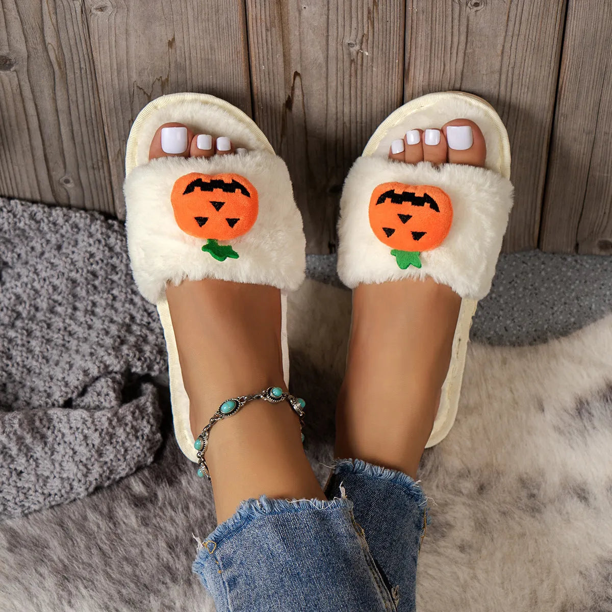 Halloween pumpkin plush open toe slippers in yellow with synthetic fur upper and PVC sole