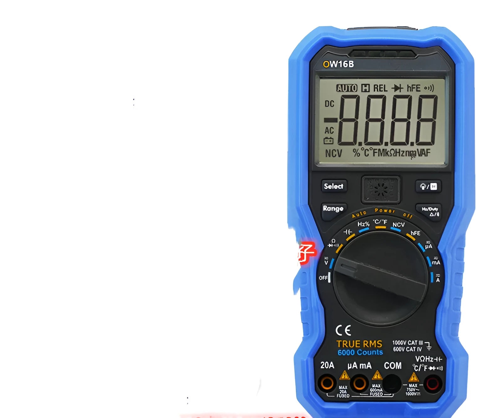 Handheld digital multimeter with display showing readings, test leads, and NCV non-contact voltage detection feature.