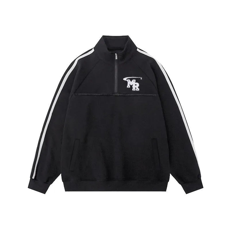 American retro casual sports hoodie with stand collar in black polyester