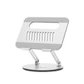 Silver aluminium laptop stand with adjustable height mechanism and rotatable screen positioning