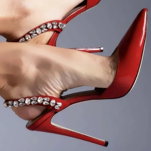 Pointed-toe high-heel sandals with rhinestone side detailing in patent leather colours