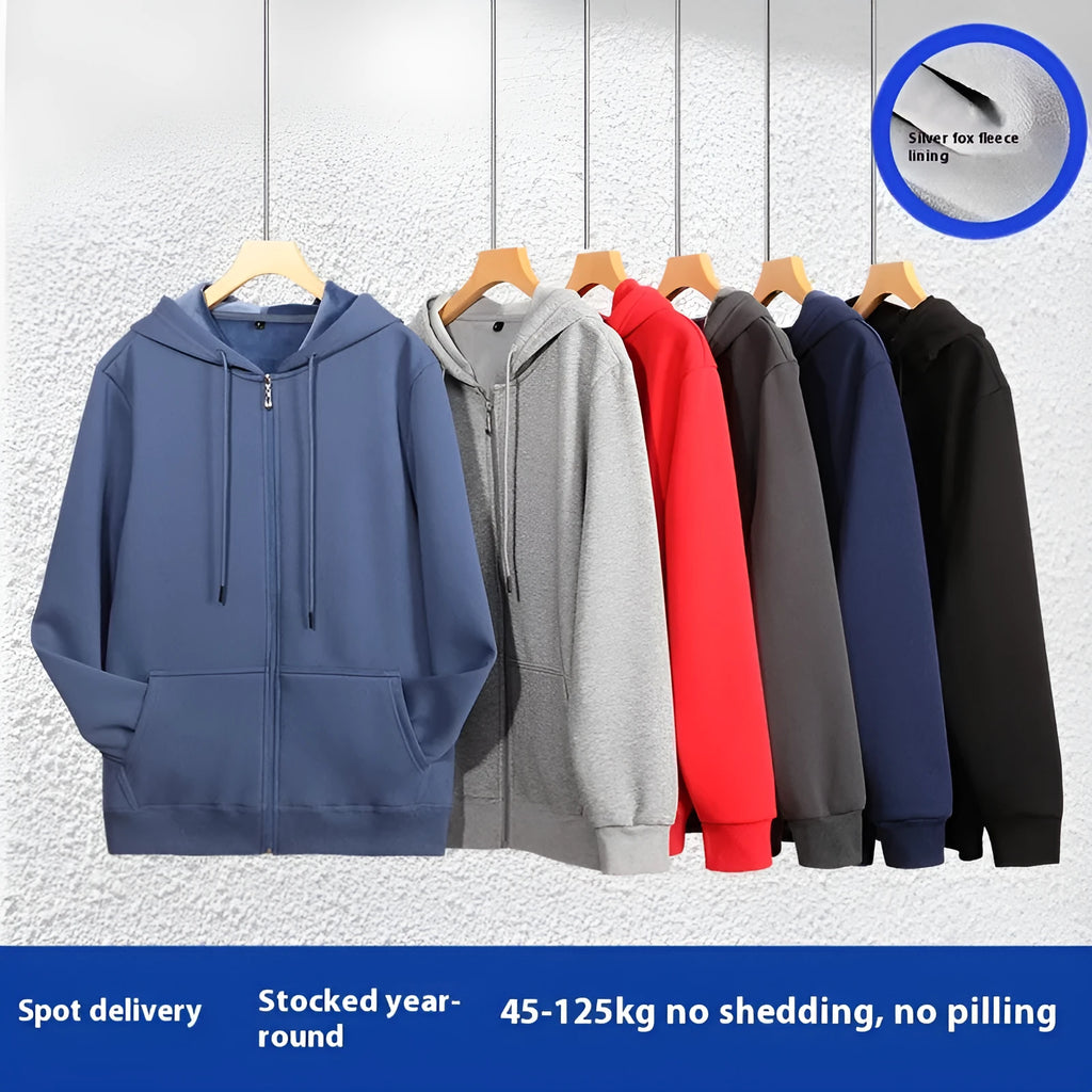 A beige men's plus-size zip-up hooded sweater with top-stitch pockets on a mannequin.