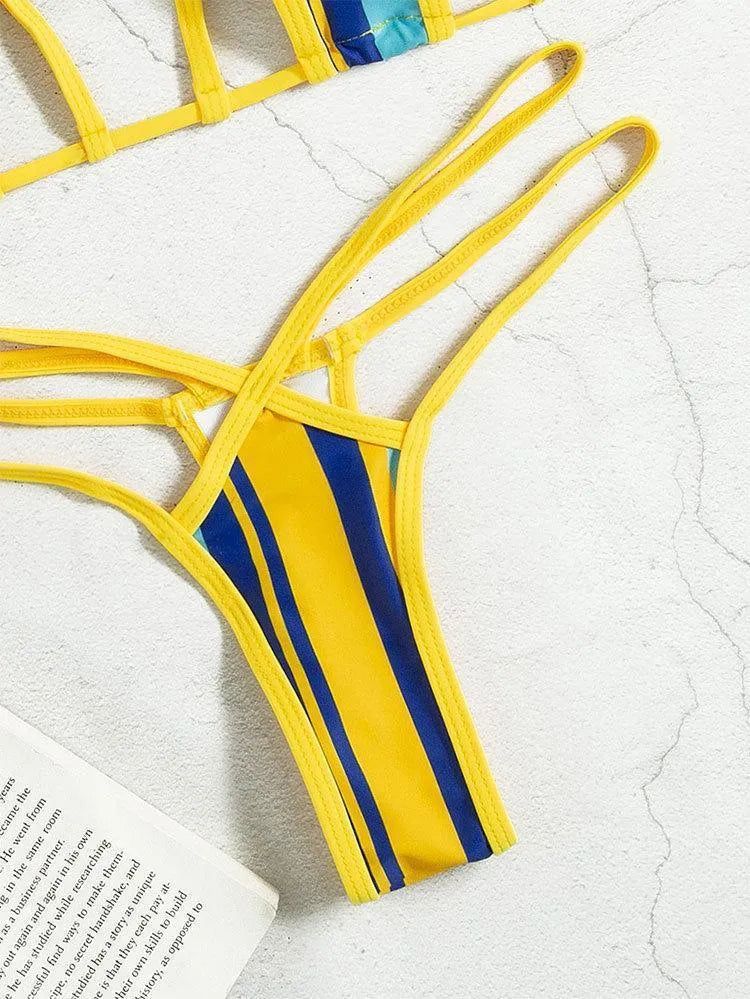 Yellow women's split swimsuit with neck-hanging style, hollow cut and high-waist bikini bottoms