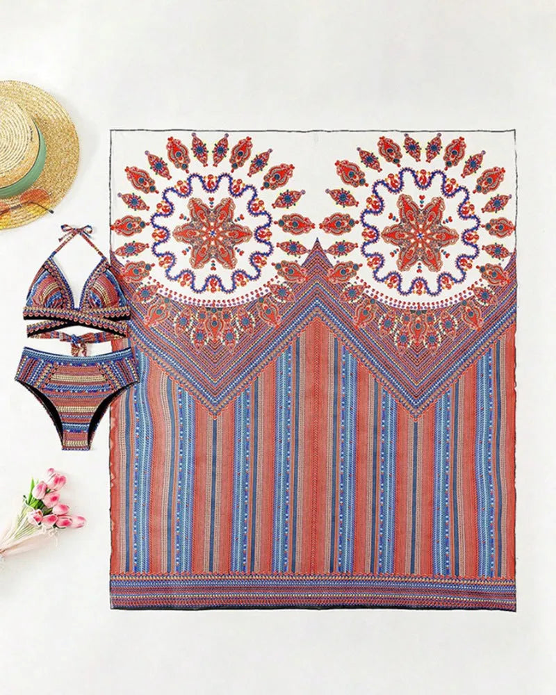 Women's three-piece swimsuit set showing high-waist briefs, cutout sleeveless top and matching coat in picture colour