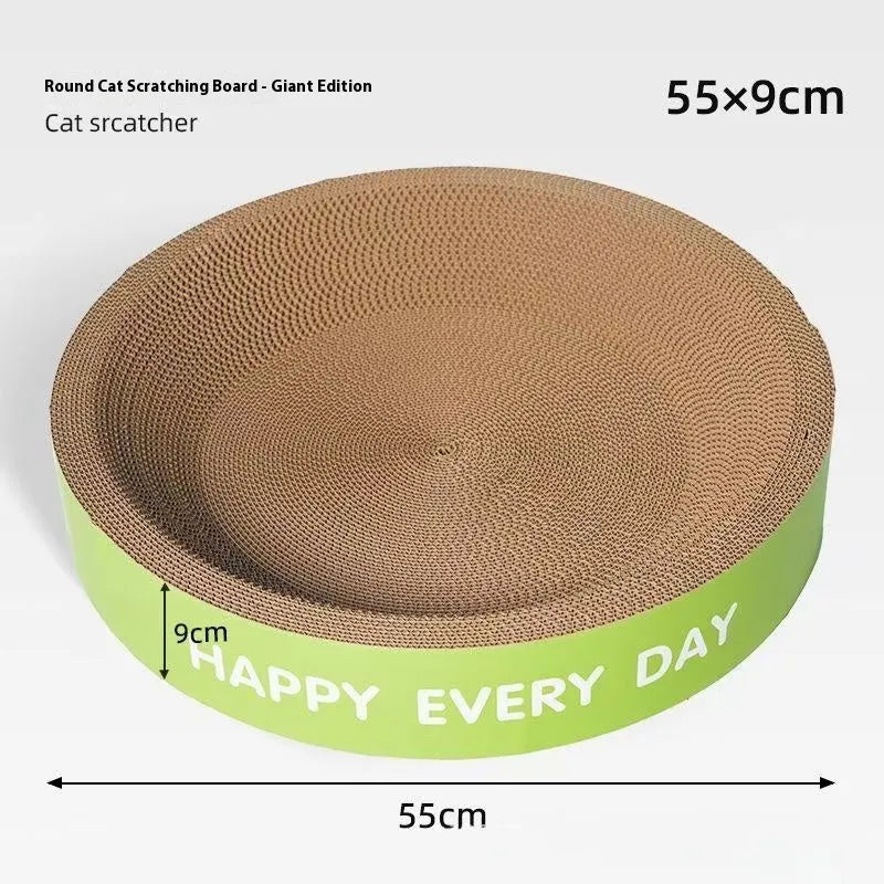 Green round cardboard cat scratching board with a central nest bed.