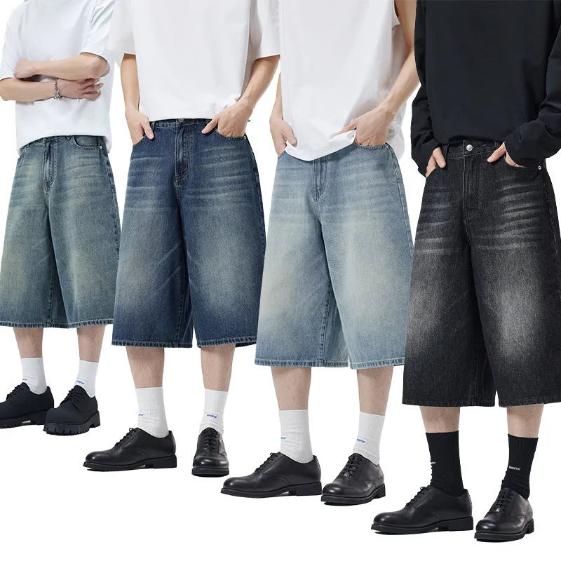 Men's straight-leg denim shorts in cropped length showing vintage blue colour option