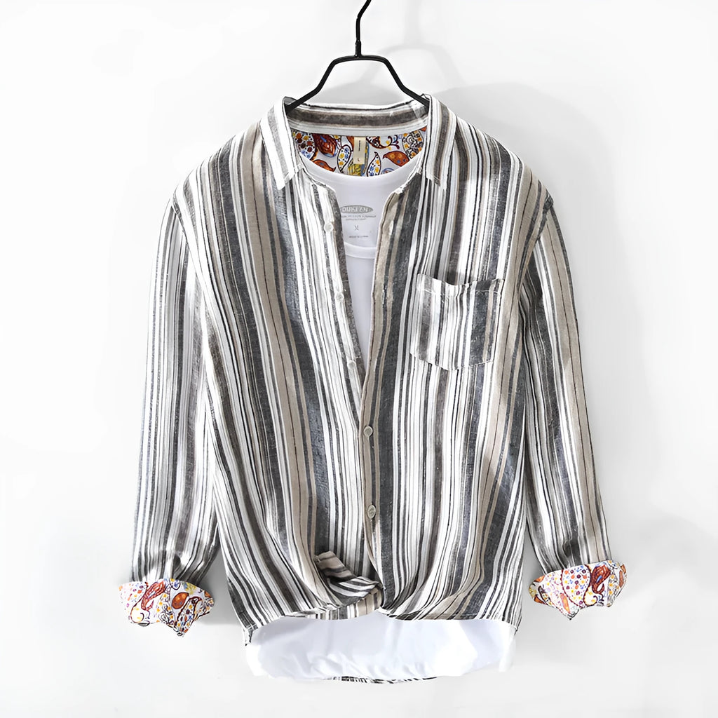 Men's grey striped linen shirt with long sleeves loose fit casual wear