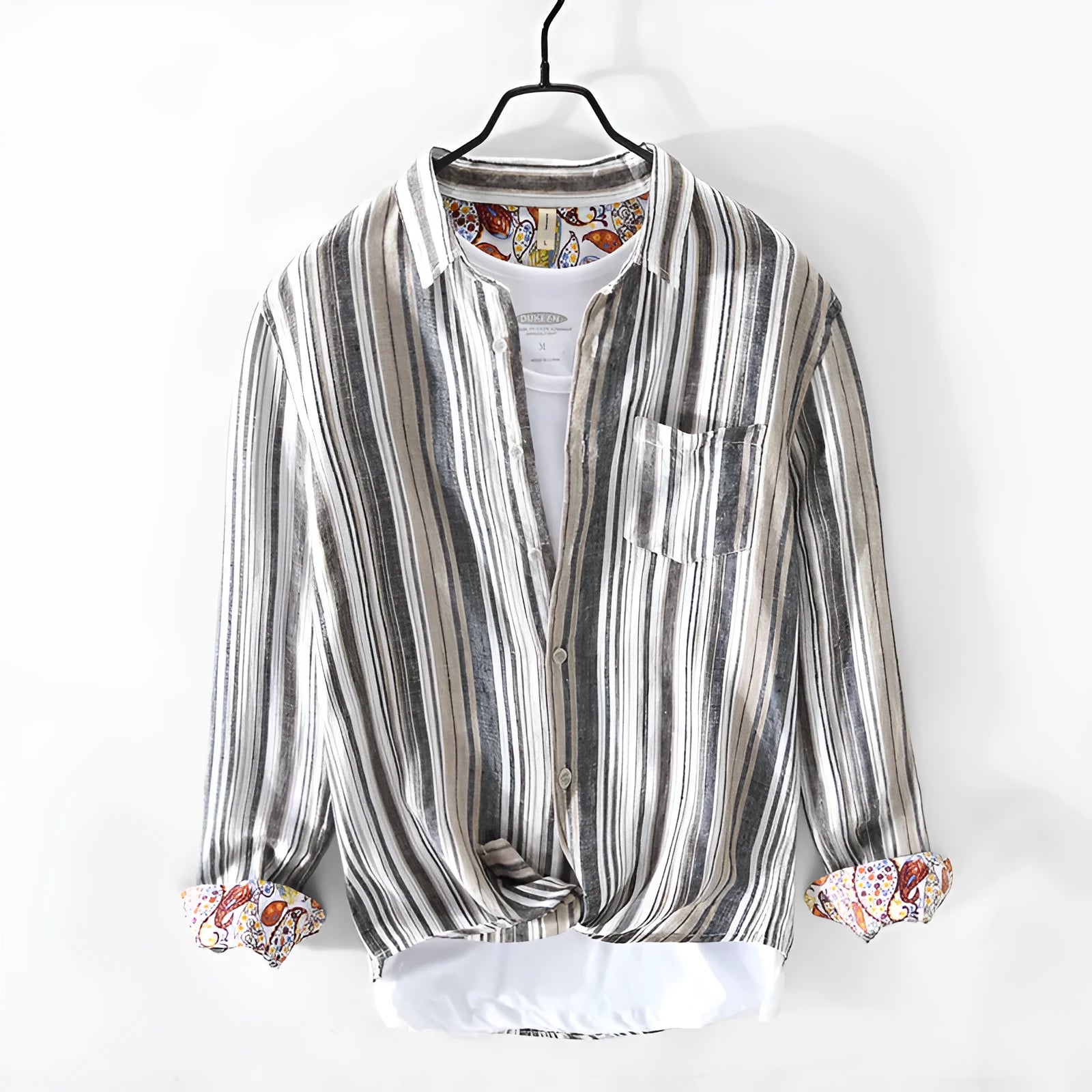 Men's grey striped linen shirt with long sleeves loose fit casual wear