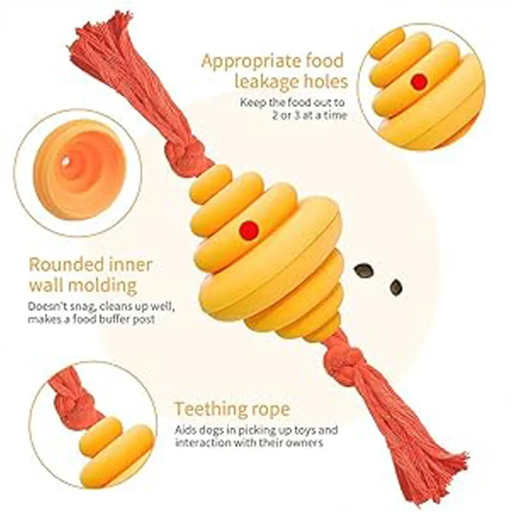 Green and yellow oval dog ball with knotted rope, a slow-leak food dispenser chew toy.
