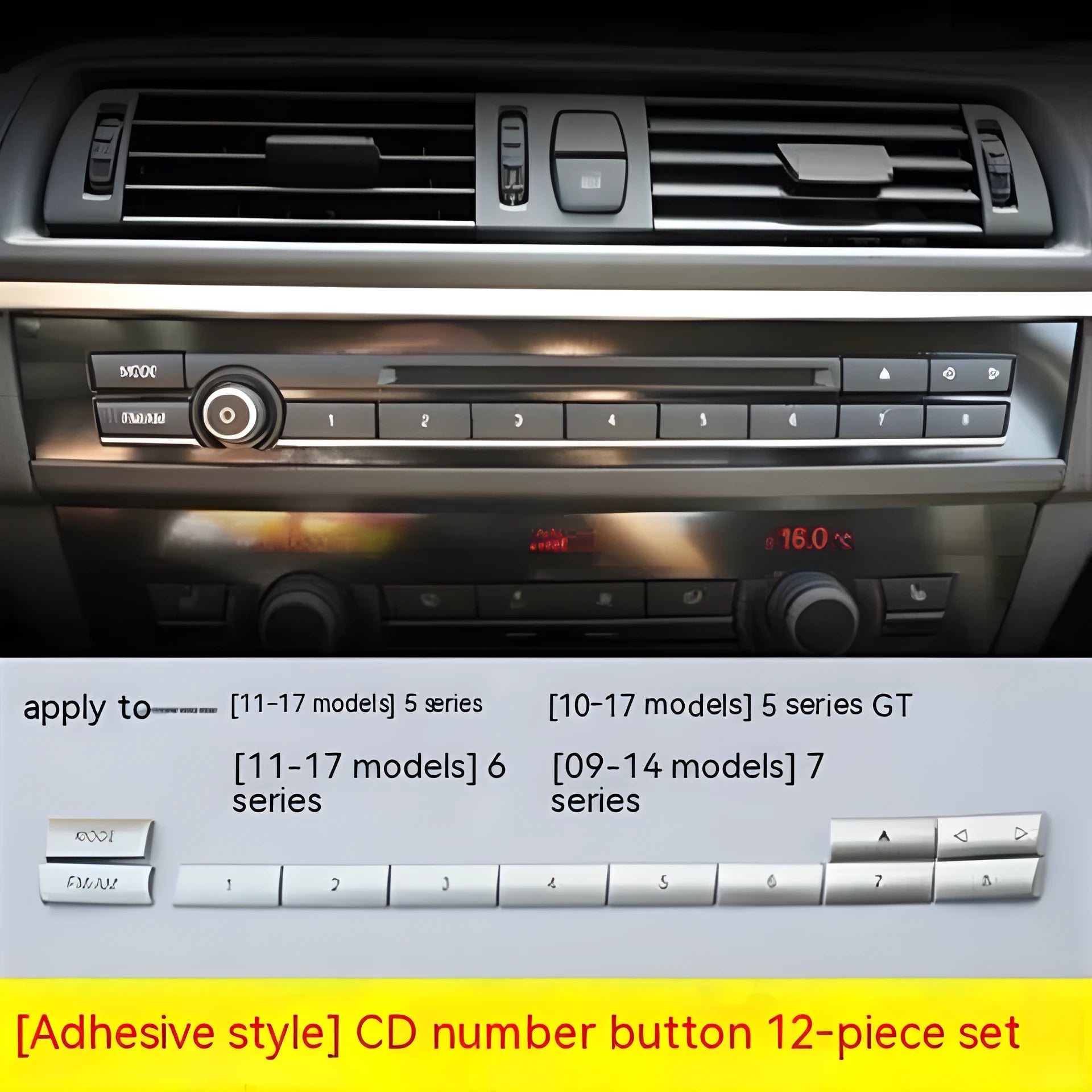 Automotive air conditioning button panel replacement parts showing silver buttons in multiple fitting sizes