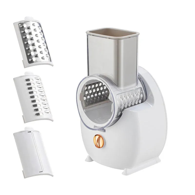 White electric vegetable slicer with rotary grater, suction base, and interchangeable blades