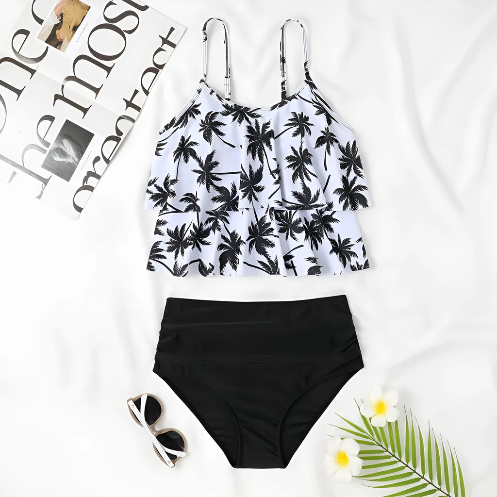 Women's high-waisted double-layer swimsuit in black or coconut tree print pattern