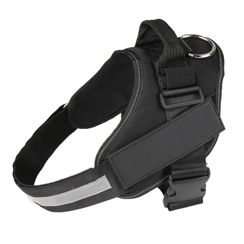 Adjustable no-pull dog harness vest with reflective strips and a chest strap, shown in various colours