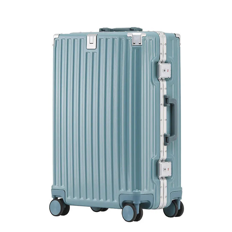 Aluminium frame luggage case in ABS PC material with universal wheels and organisational compartments